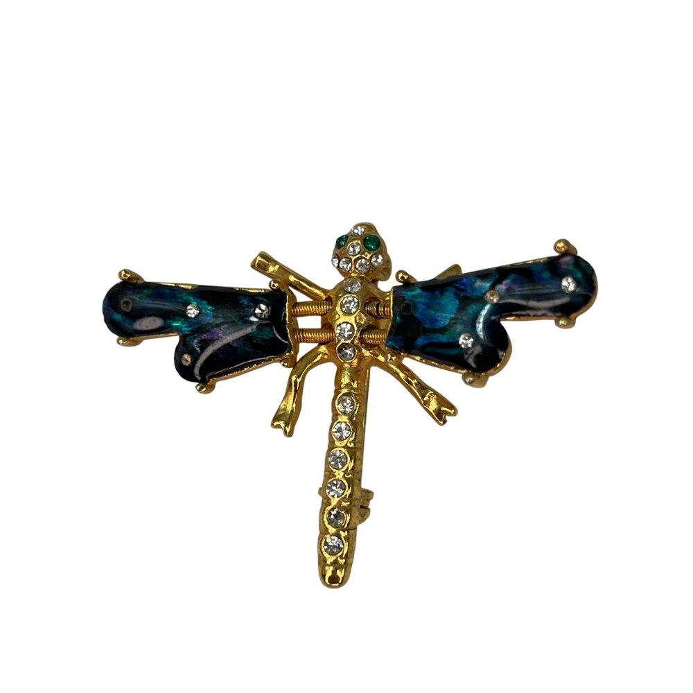 Dragonfly Brooch Pin With Rhinestones & Enamel Wings Gold Tone Insect Blue